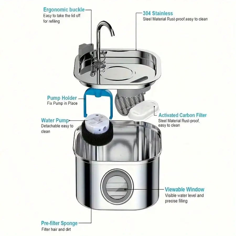 Stainless Steel Quiet Cat Dog Water Fountain